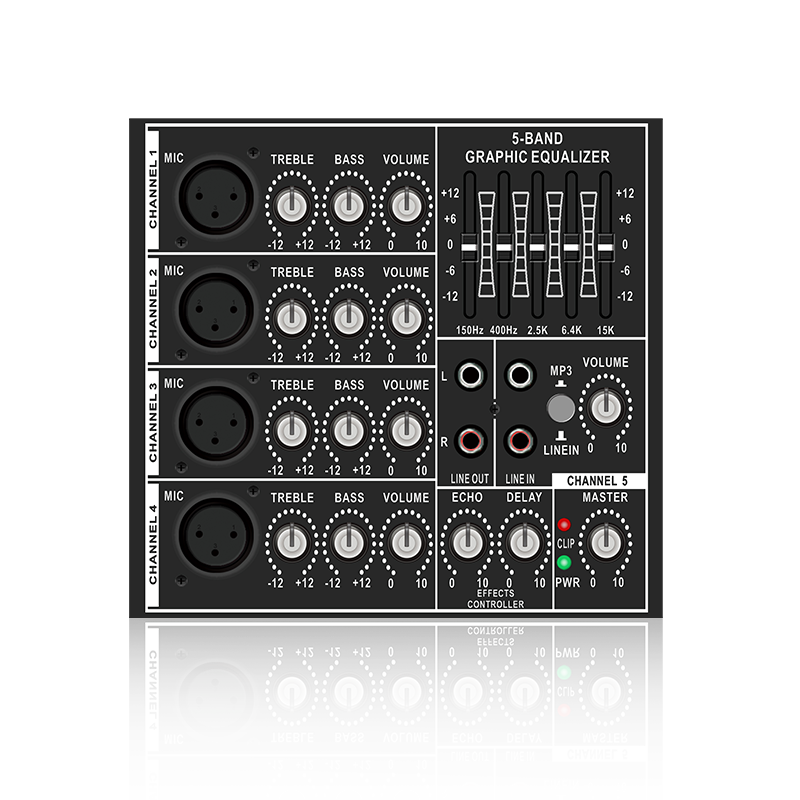 PL83: 4 Mic Channel Input and Individual Mic Treble Bass Volume Control Horizontal Analog Functinal Module for Class AB Amplifier