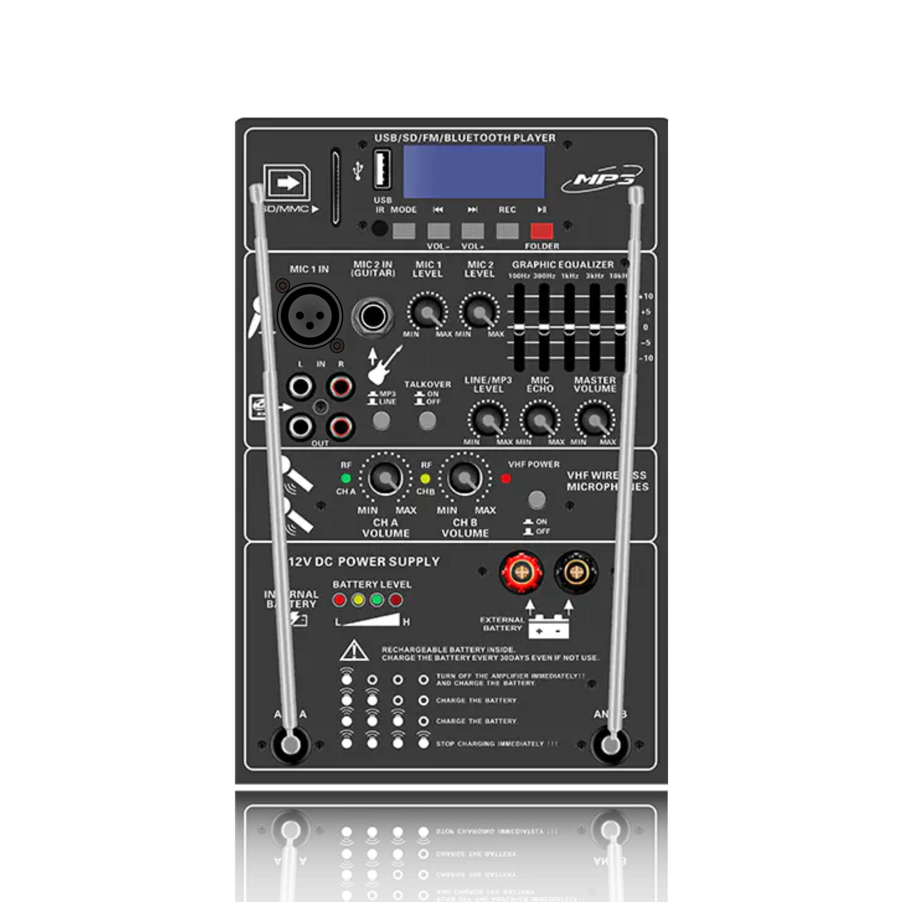 PL13-5EQ: Two Mic Channel and Volume Control with 5-band Graphic Equalizer Rechargeable Speaker Funtional Module