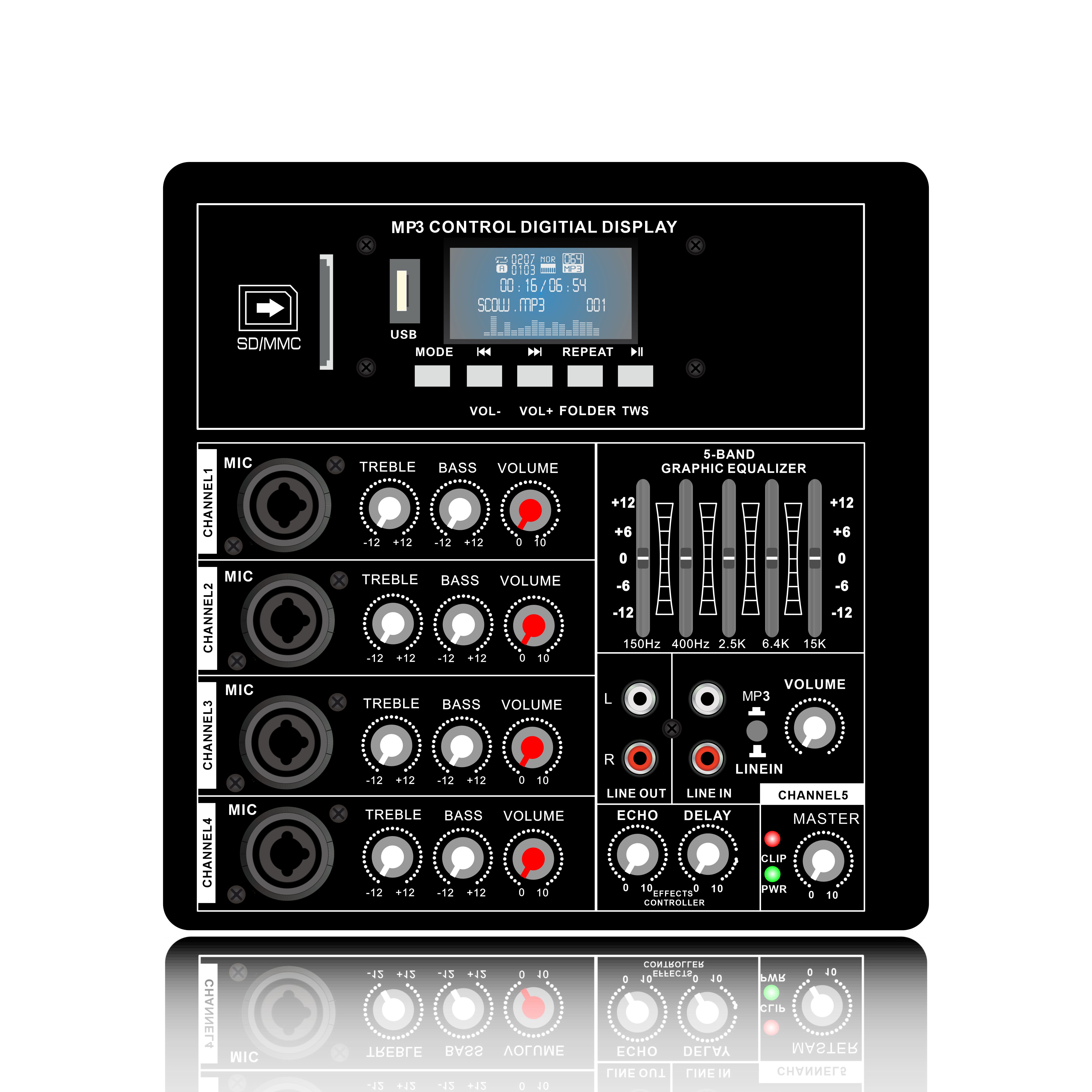 PL83: 4 Mic Channel Input and Individual Mic Treble Bass Volume Control Horizontal Analog Functinal Module for Class AB Amplifier